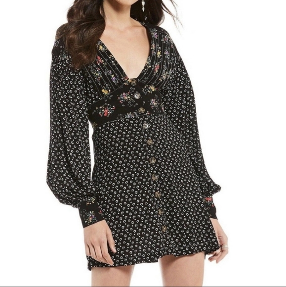 Free People Wonderland Black Multi-Color Floral Long Sleeve Mini Dress - Picture 1 of 16